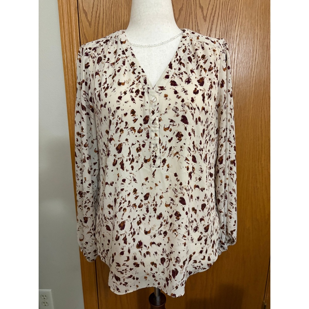 Womens L Cream Brown Flowy Abstract Print Button V-Neck Blouse Top Work Casual